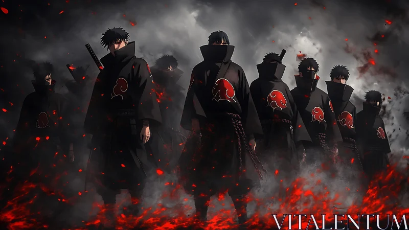 Rogue ninja squad in black cloaks amid embers and smoke