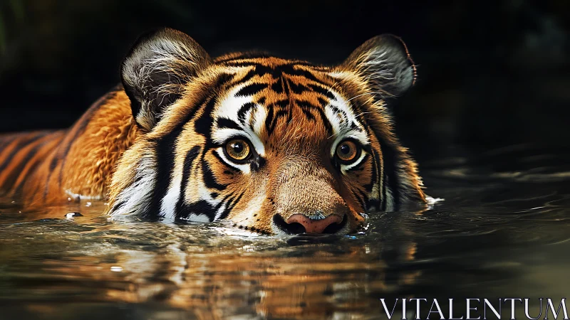 Tiger in low-angle aquatic approach, golden-hour sidelighting