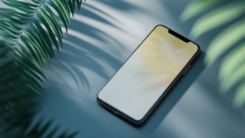 Modern smartphone on table with tropical leaf shadows, minimal style.