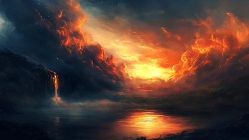 Fiery storm clouds ignite sunset above reflective lake