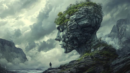 Colossal stone head landscape with lone human figure.