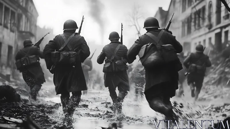 Soldiers advance through ruined city street in dynamic grayscale
