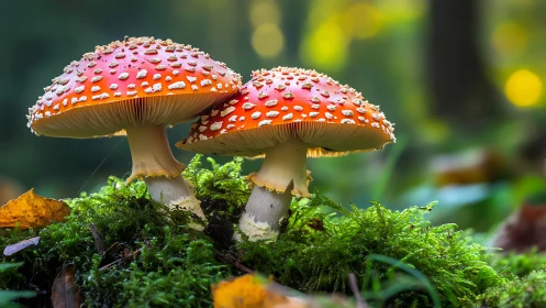 Red capped spotted mushrooms on moss in forest light.