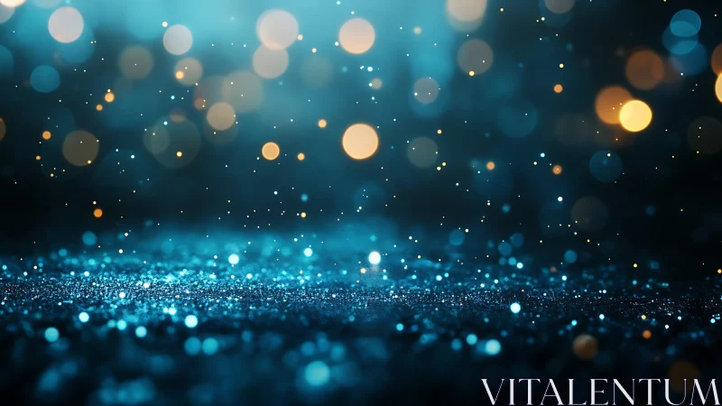 Shimmering teal bokeh field with floating golden lights.