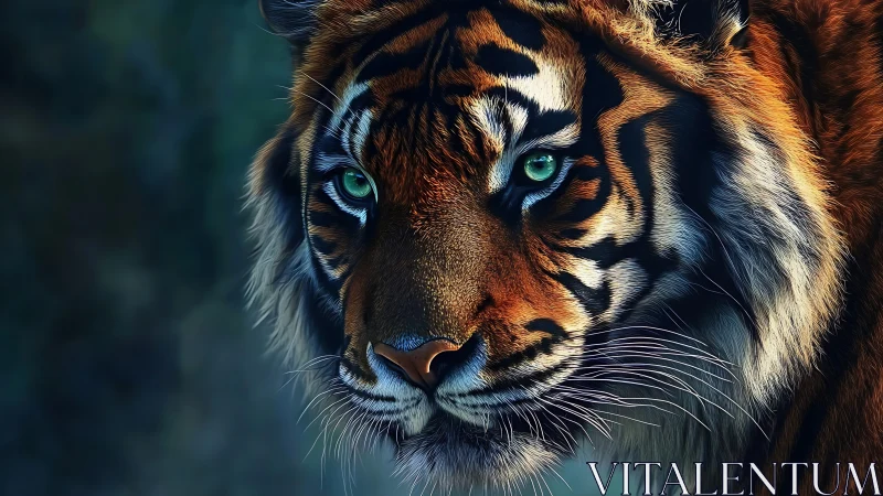 High-contrast tiger portrait with rim-lit fur and sharp specular eyes