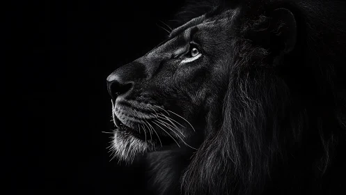 Monochrome side profile of a male lion against black background.