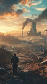 Industrial complex with armored figure in ruined landscape.