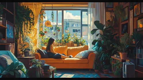 Sunlit plant-filled living room with reflective figure on sofa.