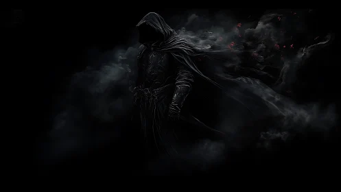 Shadow wraith cloaked in drifting smoke and ember shards.