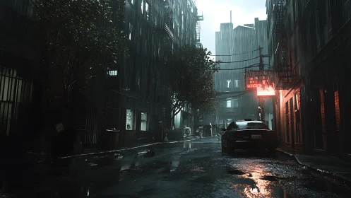 Neon rain drenches deserted city alley and lone taxi.