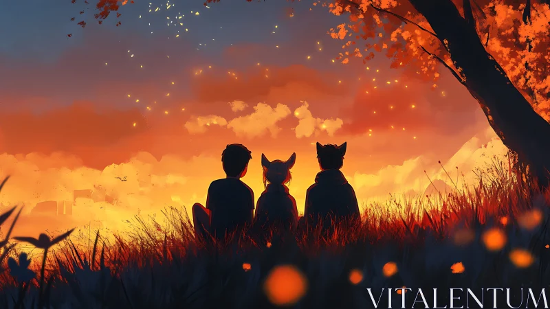 Three Silhouettes Watching Golden Sunset Landscape.