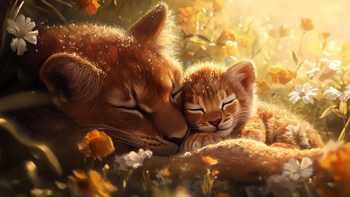 Maternal Feline With Cub in Golden Hour Botanical Environment