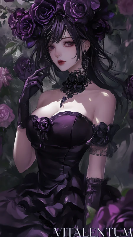 Dark-haired woman in purple gown amid dense rose foliage.