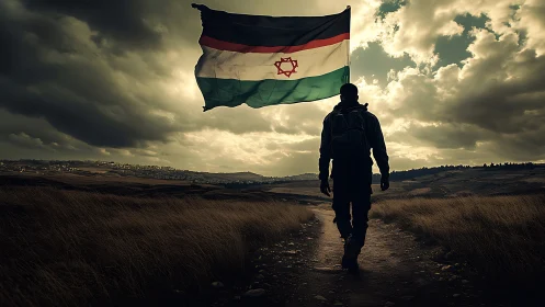 Lone traveler walks beneath a wind-torn national flag.