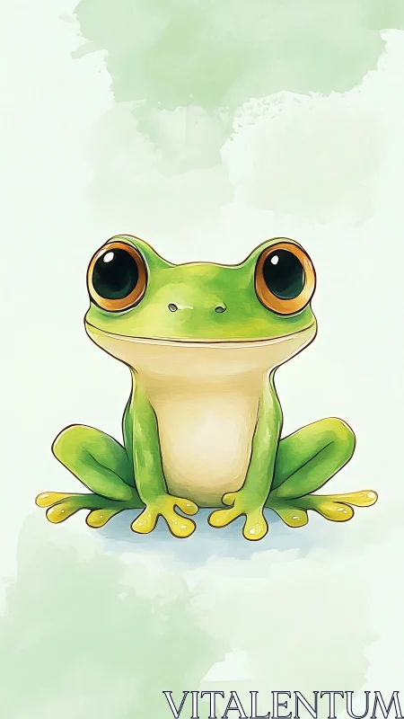 Green tree frog illustration with pale watercolor ground.