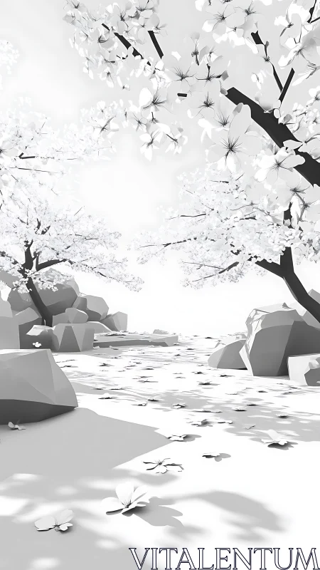 Minimalist cherry grove extends over bright stone riverbed