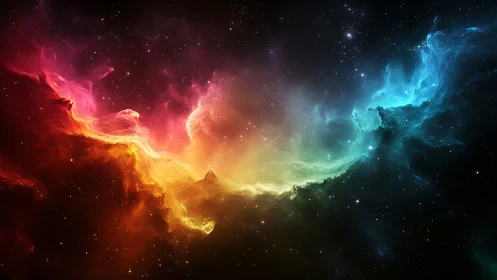 Vibrant multicolored nebula cloud spanning deep space sky.