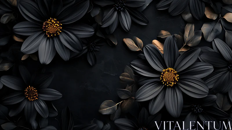 Low-key macro of black florals with luminous pollen cores.