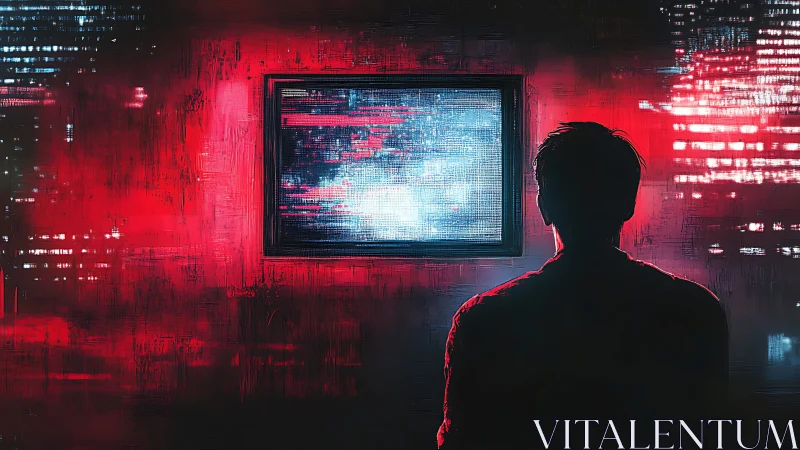 Silhouette leans into the glitchlit window of a neon hush