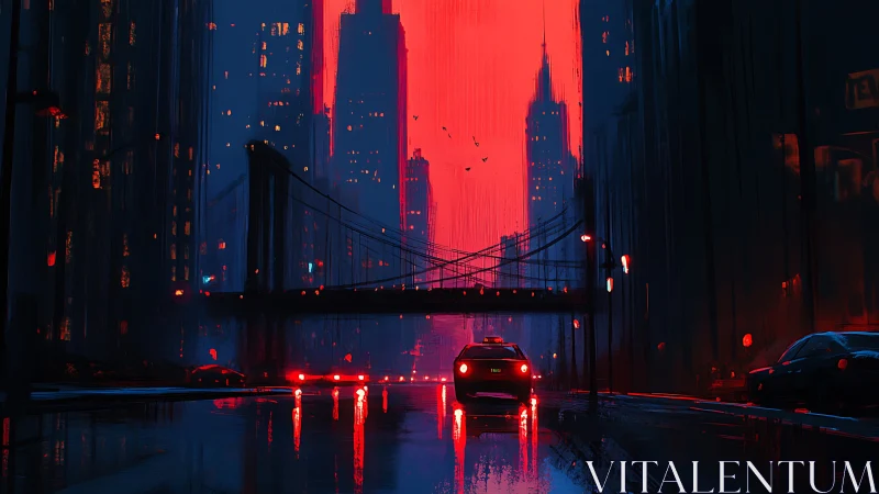 Neon-lit bridge approach in rain-soaked cyberpunk megacity dusk