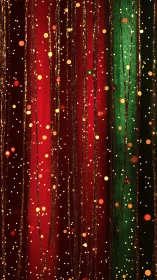 Golden confetti cascades over glowing red and green curtains.