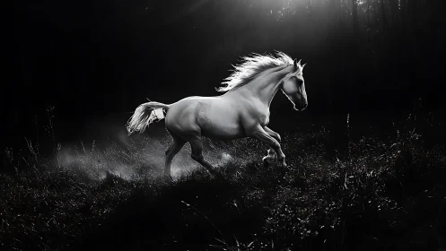 Galloping white horse in dramatic backlit nightscape.