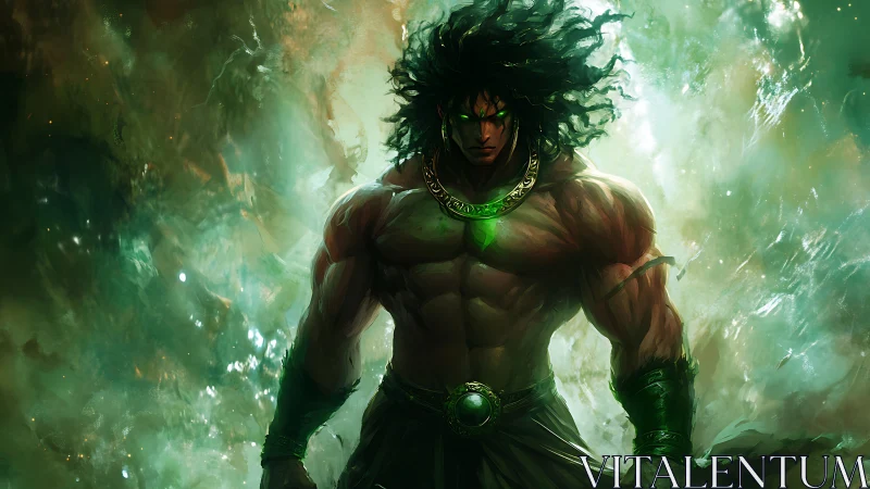 Emerald-eyed warrior emerges from swirling mystical storm.
