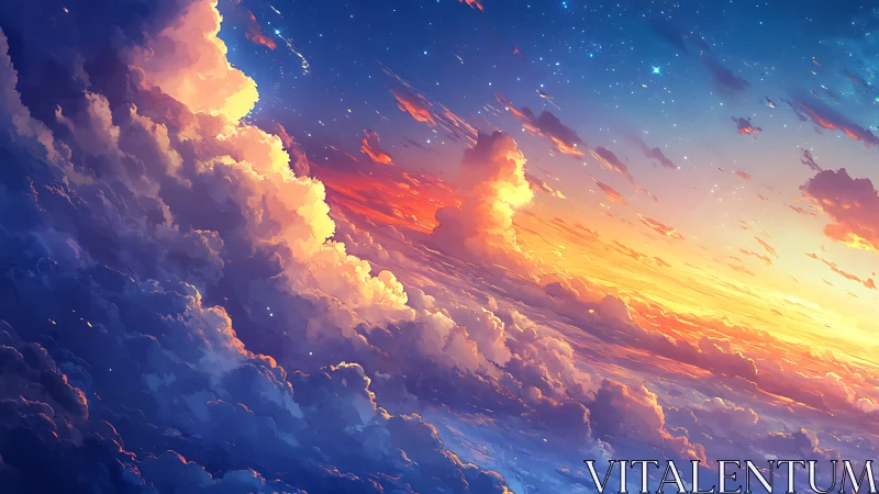 Digital painting of luminous sunset cloudscape perspective.