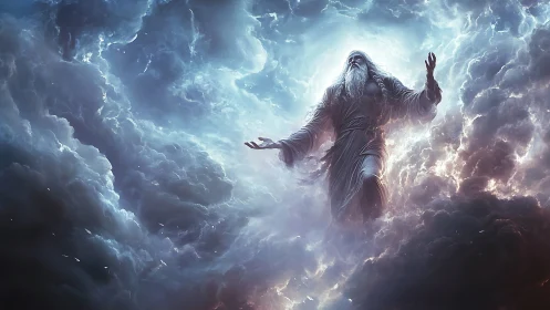 Storm-birthing elder strides through a cathedral of clouds