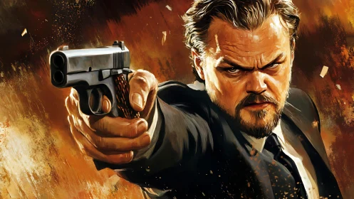 Dynamic digital portrait of armed man with intense forward perspective