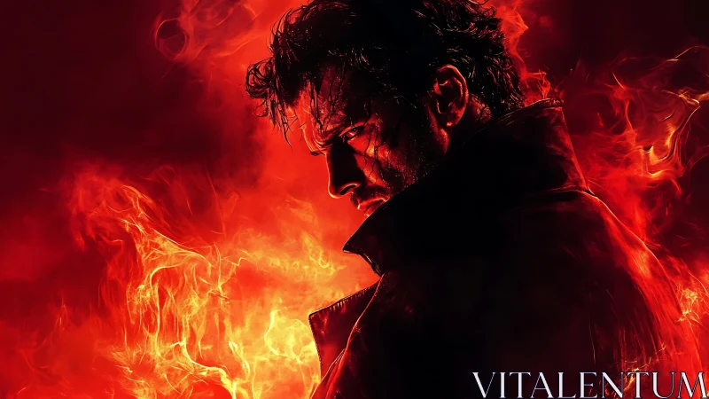 Solitary male silhouette emerges from infernal red flames