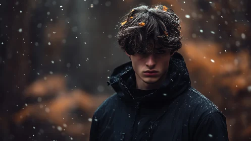 Young person in dark jacket standing in light snowfall outdoors.