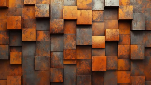 Rust-textured cubes form a layered geometric relief wall.