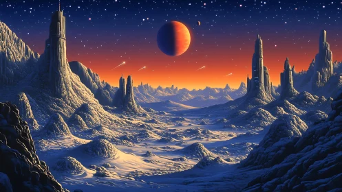 Crimson planet rises over sapphire ice spires at dusk.