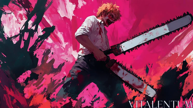 Blood-lit chainsaw brawler carving chaos in neon dusk.