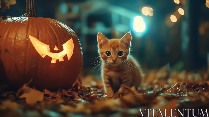 Curious Kitten Meets Glowing Halloween Pumpkin Magic.
