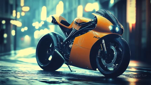 Neon rain-kissed superbike prowling a cinematic midnight avenue.