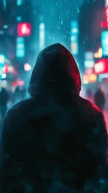 Hooded cipher stalks neon rain in a blurred cyber city night.
