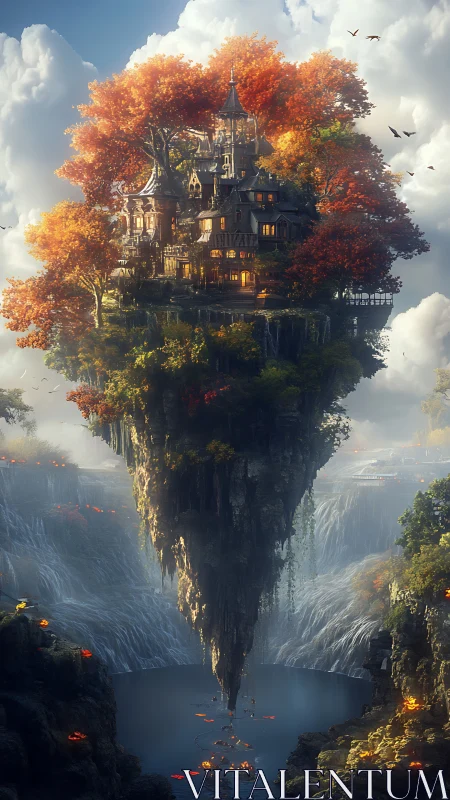 Enchanted Castle Suspended on Autumn-Crowned Cliff Tower
