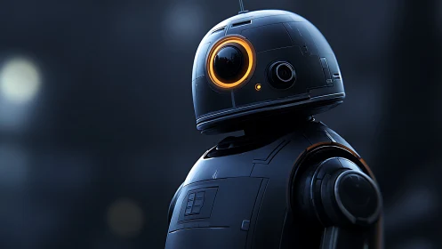 Midnight scout droid glows with neon curiosity and charm.