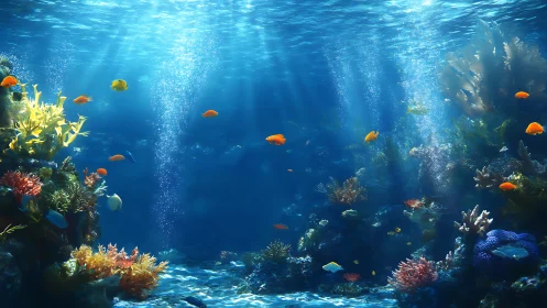 Sunlit reef orchestra shimmers as tiny orange fish wander