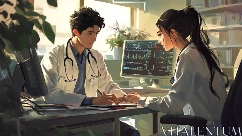 Two doctors review patient data on dual medical monitors