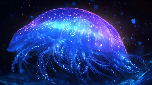 Glowing jellyfish drifts in a dreamy neon underwater night.