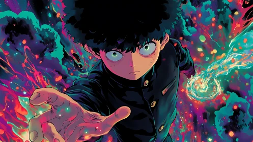 Psychic teen in black uniform amid neon spectral energy storm