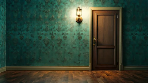 Wooden door and teal damask wall under warm sconce light.