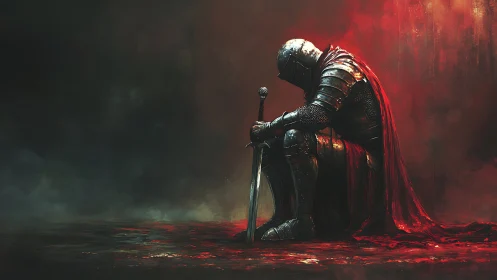 Digital painting of kneeling armored knight in red-lit void.