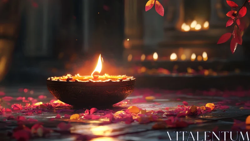 Single oil lamp burns among dispersed petals on stone floor