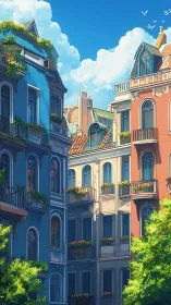 Sunlit European facades with balconies and lush rooftop gardens
