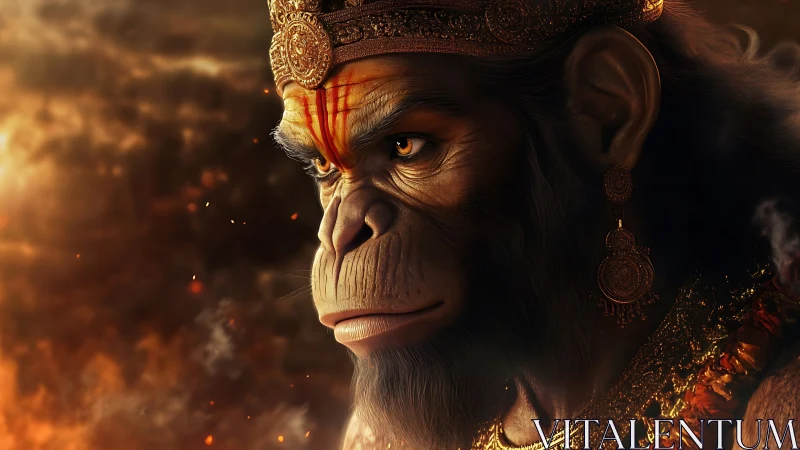 Photorealistic divine simian portrait in dramatic rim lighting.