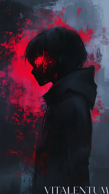 Silhouetted hooded figure stands amid red digital splatter